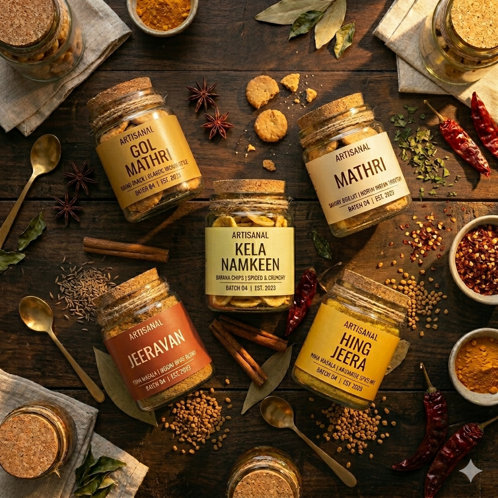 Artisan preserves and spices arranged on dark walnut wood