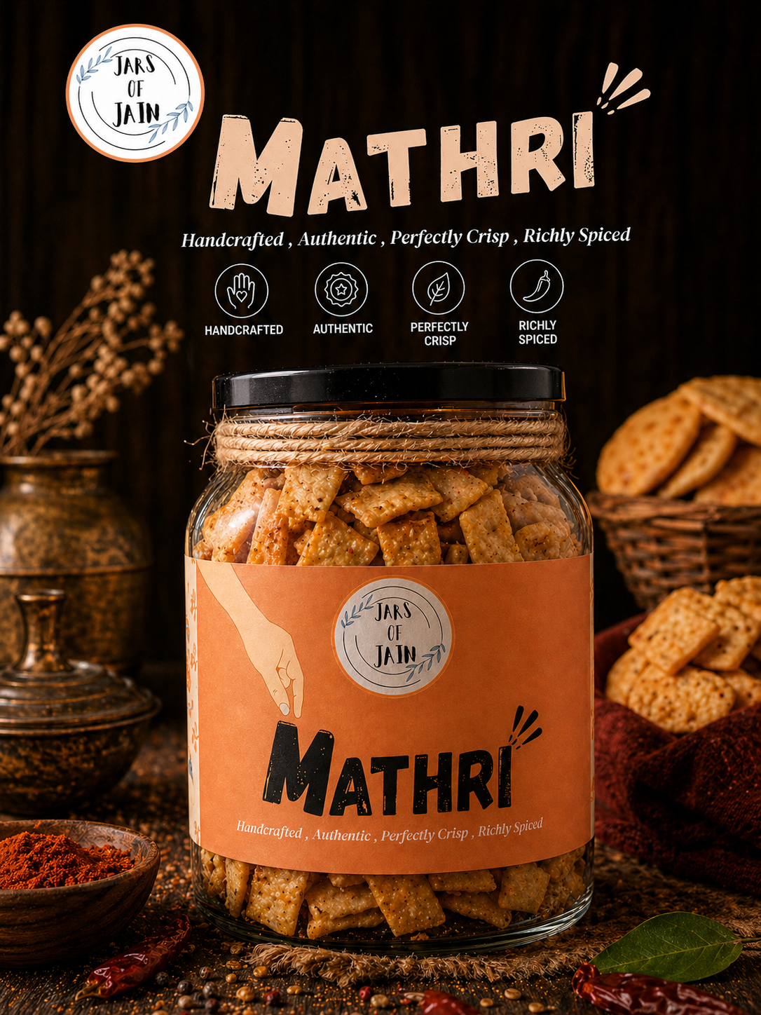 Freshly prepared Mathri in a brass mortar
